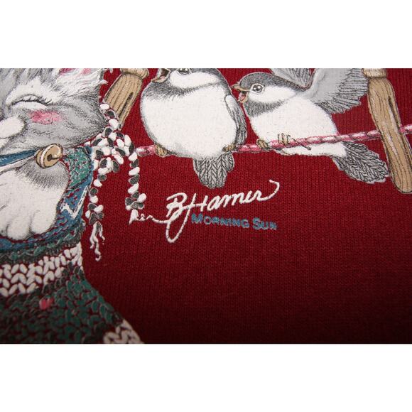 Vintage 90s Morning Sun Birds Kitten In Mitten Sweatshirt Womens Large Dark Red - Picture 3 of 8